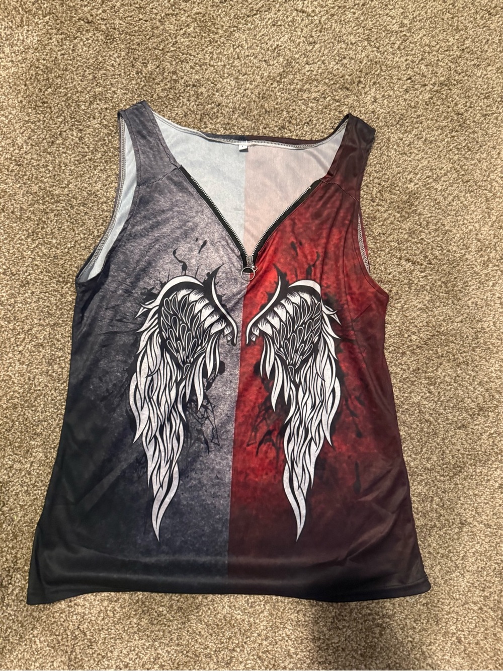 Zip-Front Angel Wing Tank Top in Red and Gray